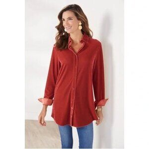 Soft Surroundings, Bright Coral BOYFRIEND Velour Long Sleeve Button Down Top